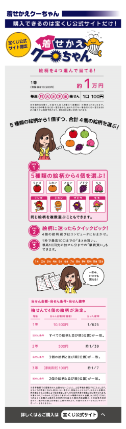 宝くじ公式サイト限定の着せかえクーちゃん。絵柄を4つ選んで当てる。毎週月火水木金抽選で1口100円
