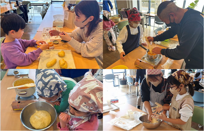 家族が三ケ日青年の家でパンを作っている様子の写真