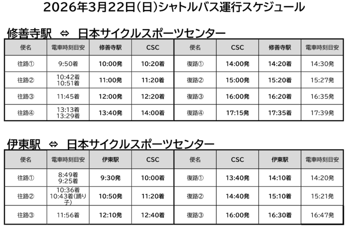 22日（日曜）シャトルバス時刻表
