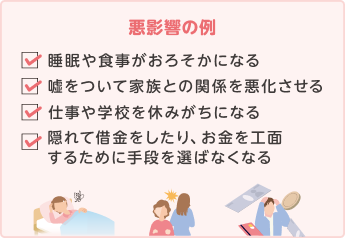 睡眠や食事がおろそかになる。嘘をついて家族との関係を悪化させる。仕事や学校を休みがちになる。隠れて借金をしたり、お金を工面するために手段を選ばなくなる。