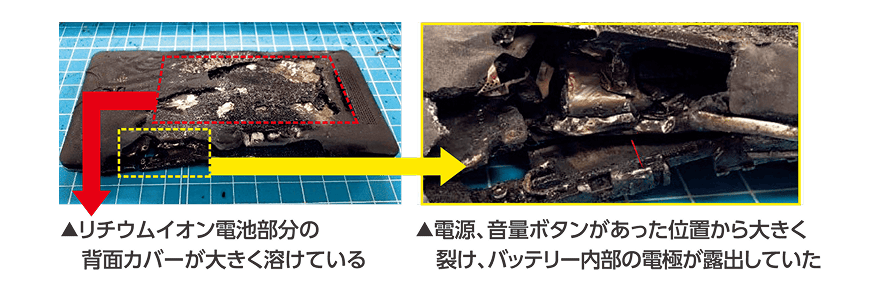 リチウムイオン電池の発火により背面カバーが大きく溶け、ボタン付近から裂けて内部電極が露出した端末の写真