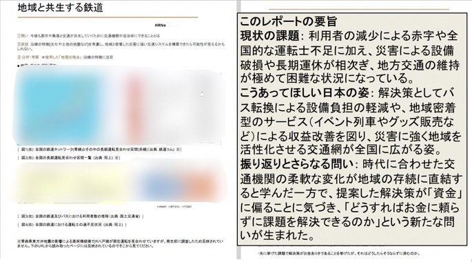 図：生徒のレポート例、筆者による要旨（一部画像加工）