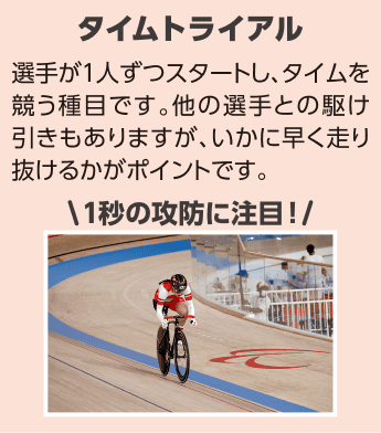 タイムトライアル「選手が1人ずつスタートし、タイムを競う種目です。他の選手との駆け引きもありますが、いかに早く走り抜けるかがポイントです。」