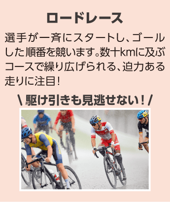 ロードレース「選手が一斉にスタートし、ゴールした順番を競います。数十kmに及ぶコースで繰り広げられる、迫力ある走りに注目!」