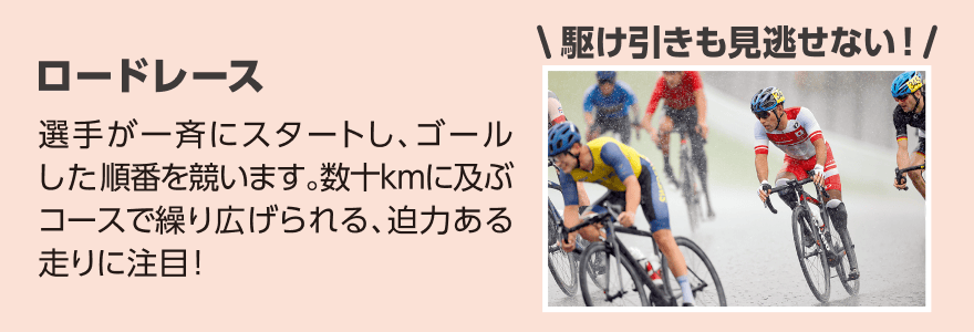 ロードレース「選手が一斉にスタートし、ゴールした順番を競います。数十kmに及ぶコースで繰り広げられる、迫力ある走りに注目!」