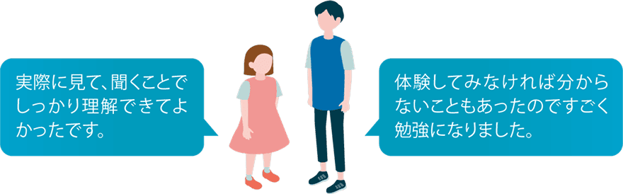 「実際に見て、聞くことでしっかり理解できてよかったです。」「体験してみなければ分からないこともあったのですごく勉強になりました。」
