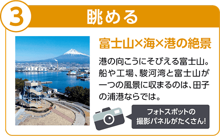 3 眺める 富士山と海と港の絶景。港の向こうにそびえる富士山。船や工場、駿河湾と富士山が一つの風景に収まるのは、田子の浦港ならでは。フォトスポットの撮影パネルがたくさん！高台から見下ろした港と工場の街並み、その奥にそびえる雪をかぶった富士山の写真。