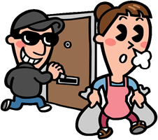 イラスト：玄関の戸締りをせずにゴミ捨てに向かう女性と隙を見て玄関ドアから侵入しようとする泥棒