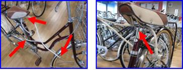 写真：自転車に長いワイヤーロックを使って前輪、後輪、サドルをまとめて固定する様子