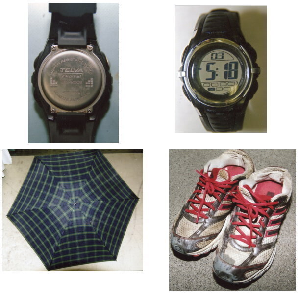 写真：腕時計裏側、腕時表側、折りたたみ傘、運動靴