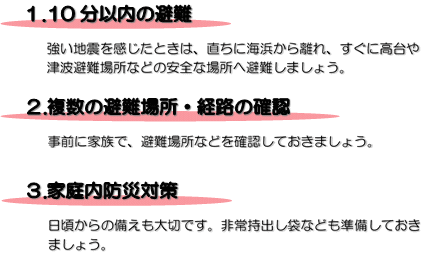 10分以内の避難、複数の避難場所・経路の確認、家庭内防災対策