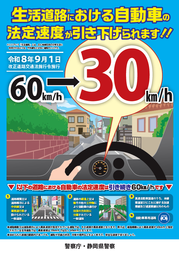 チラシ:生活道路における自動車の法定速度が引き下げられます!