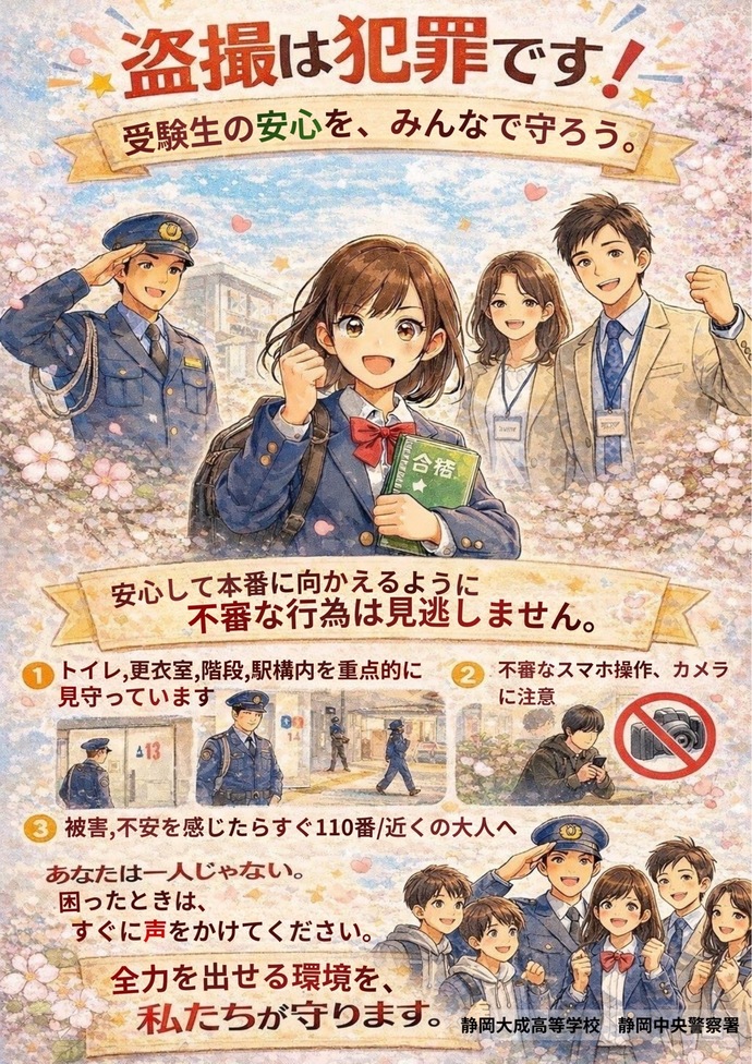 チラシ：「盗撮は犯罪です！」静岡大成高等学校・静岡中央警察署共作ポスター