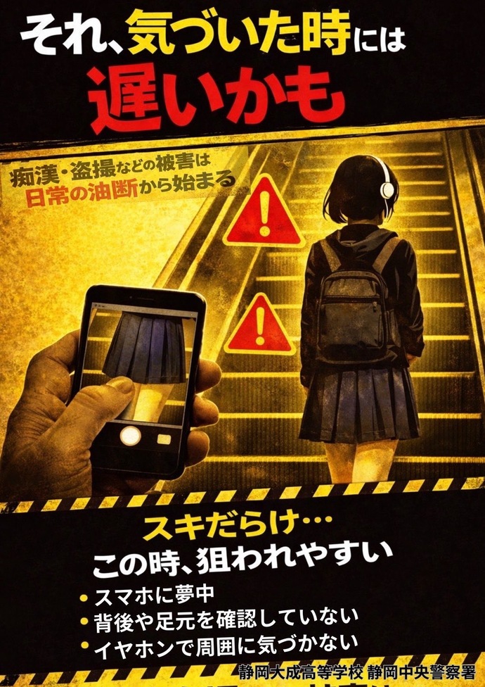 チラシ：「それ、気付いた時には遅いかも」静岡大成高等学校・静岡中央警察署共作ポスター