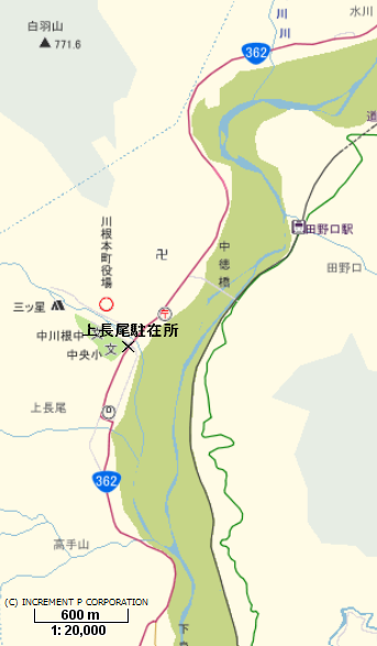 地図：上長尾駐在所周辺の建物を目印とした案内図