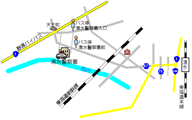 地図：清水警察署の周辺を目印とした案内図