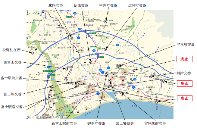地図：富士警察署交番・駐在所管内マップ