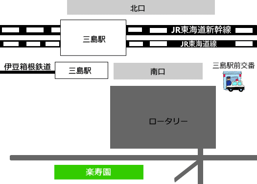 地図：各路線三島駅から三島駅前交番までの案内図