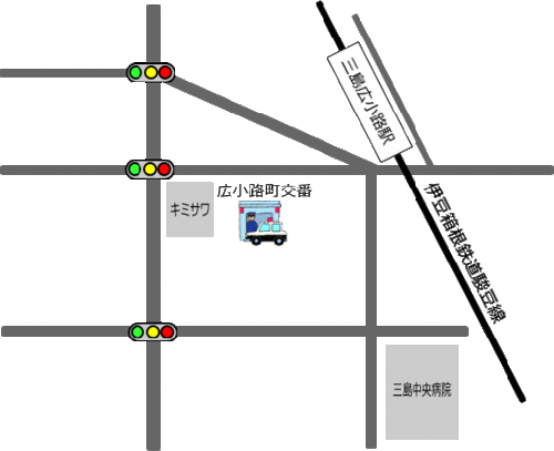 地図：伊豆箱根鉄道駿豆線三島広小路駅から広小路町交番までの案内図