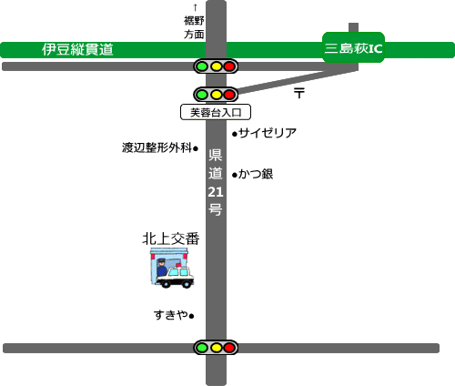 地図：伊豆縦貫道三島萩ICから北上交番までの案内図