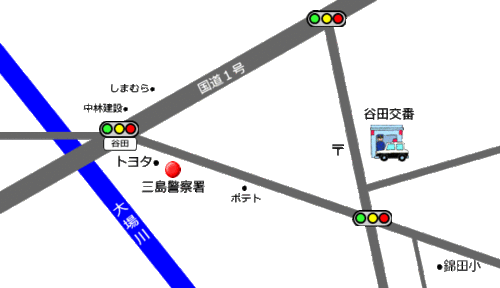 地図：谷田交番周辺の建物を目印とした案内図