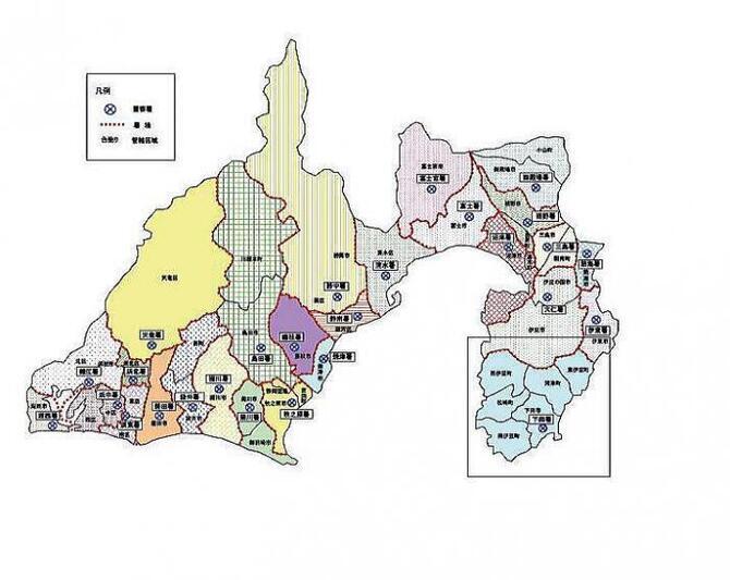 イラスト：静岡県内各署の管轄区域が地図上で示されている