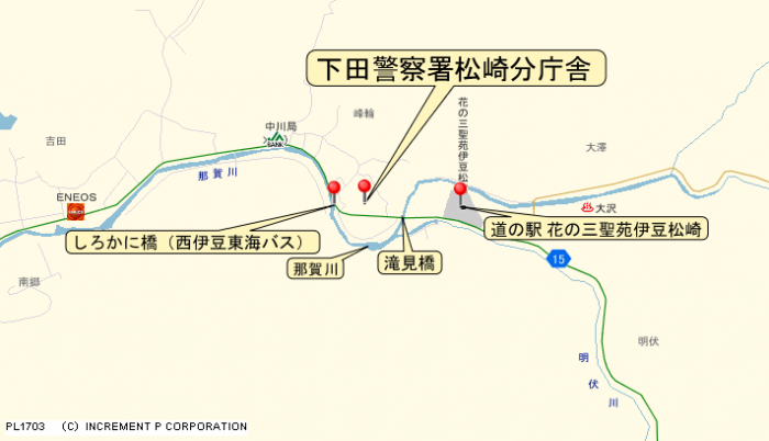地図：しろかに橋停留所、道の駅花の三聖苑伊豆松崎を目印とした松崎分庁の案内図