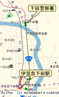 地図：伊豆急下田駅を起点とした下田警察署までの案内図