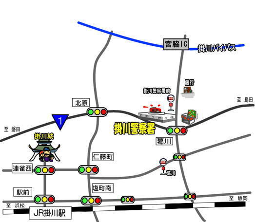 地図：JR掛川駅、掛川バス葛川停留所と掛川警察署前停留所、掛川バイパス宮脇ICからの案内図