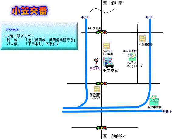 地図：JR菊川駅から小笠交番までのバス利用時の案内図
