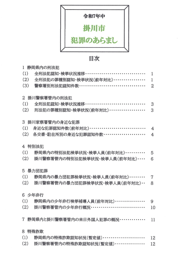 チラシ:掛川警察署令和7年中犯罪のあらまし(目次)